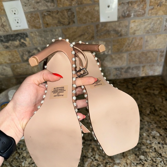 SOLD Steve Madden Zelle Camel Sandal Heels Square Toe Rhinestone - Picture 8 of 8